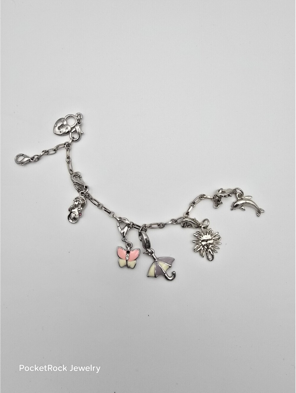 Silver Tone Charm Bracelet Enamel Butterfly Umbrella Sun Dolphin Seahorse Heart